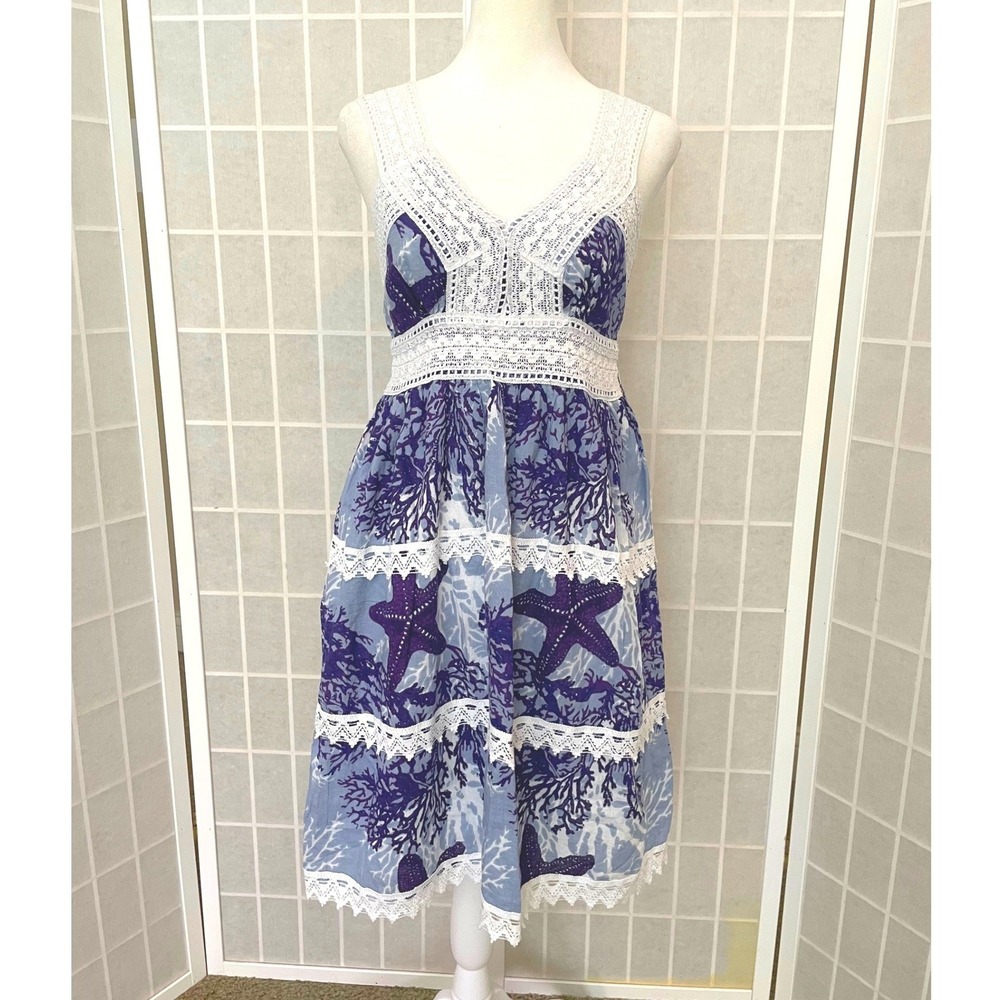 Siya Blue White Batik Print Lace Trim Sundress Boho Coastal Beach Resort Cottage